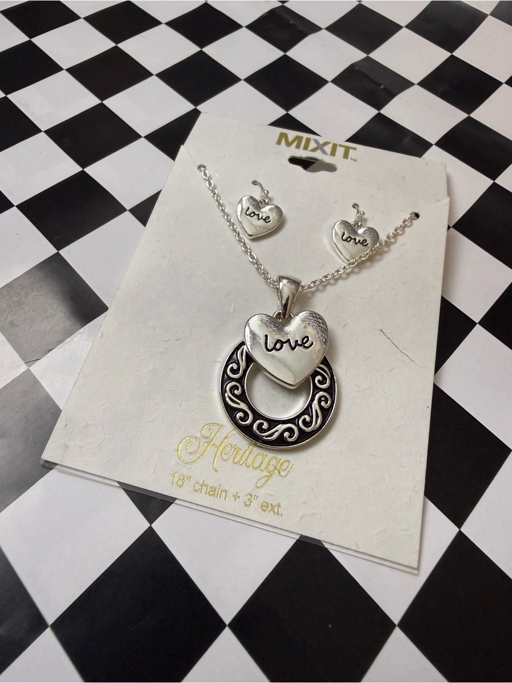 Mixit Silver Heart 'Love' Pendant Necklace and Stud Earrings Set